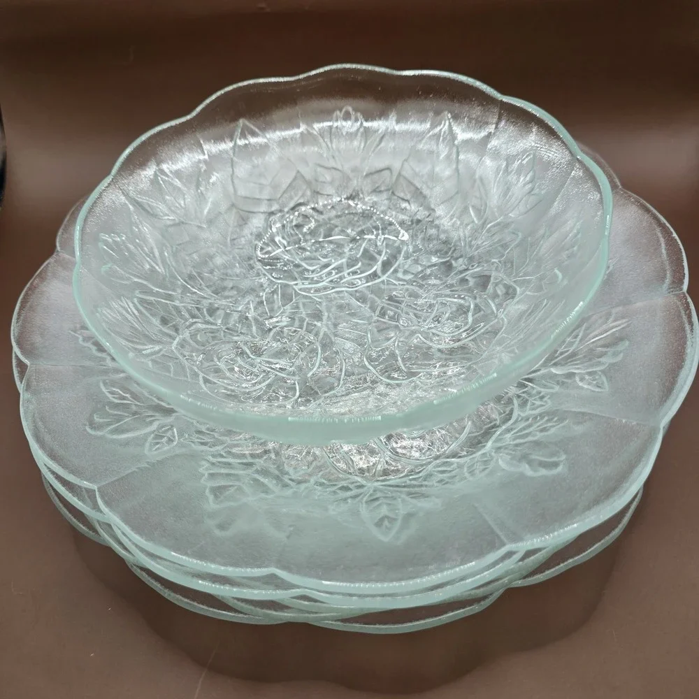 5 Pasari Crystal Livia Clear Glass Dinner Plates 1 Bowl Rose Frosted Vintage